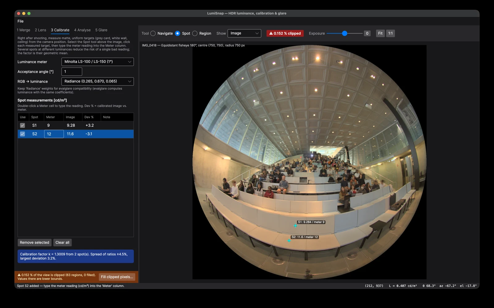 Desktop calibration workspace with spot-meter readings placed on a fisheye photograph