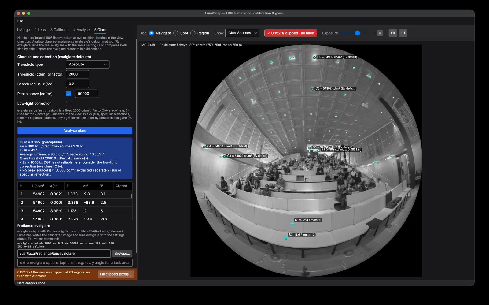 Desktop glare analysis with detected light sources and analysis results